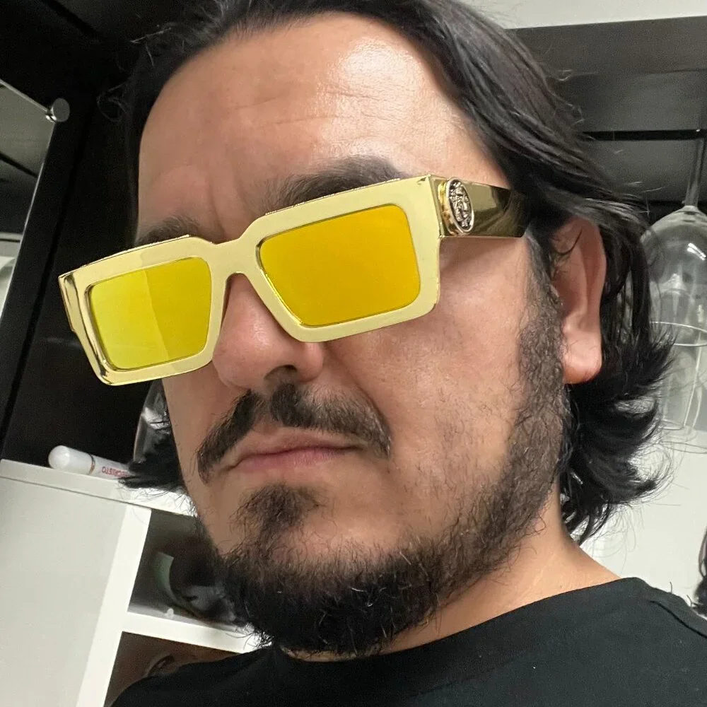 Designer Square Frame Sunglasses Yellow Gold Mirrored‎ Lens Statement Shades